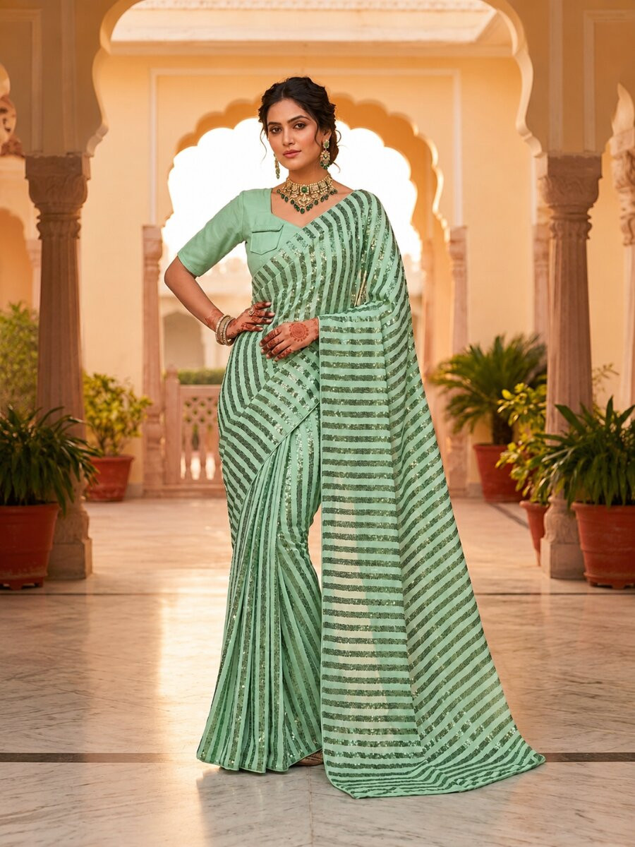 Green Silk Sequins Wedding Reception Party Festival Casual Heavy Border Sarees