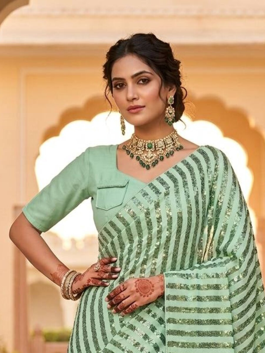 Green Silk Sequins Wedding Reception Party Festival Casual Heavy Border Sarees