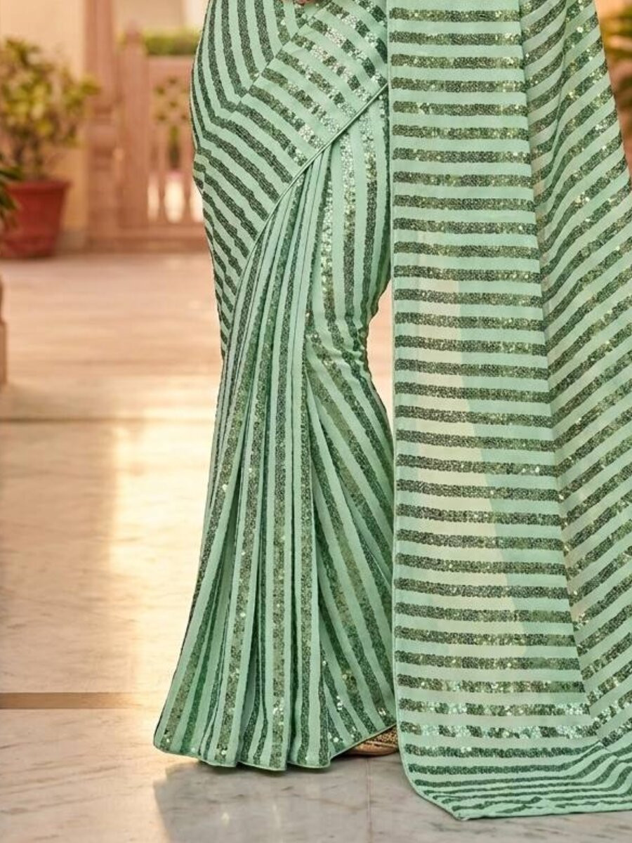 Green Silk Sequins Wedding Reception Party Festival Casual Heavy Border Sarees