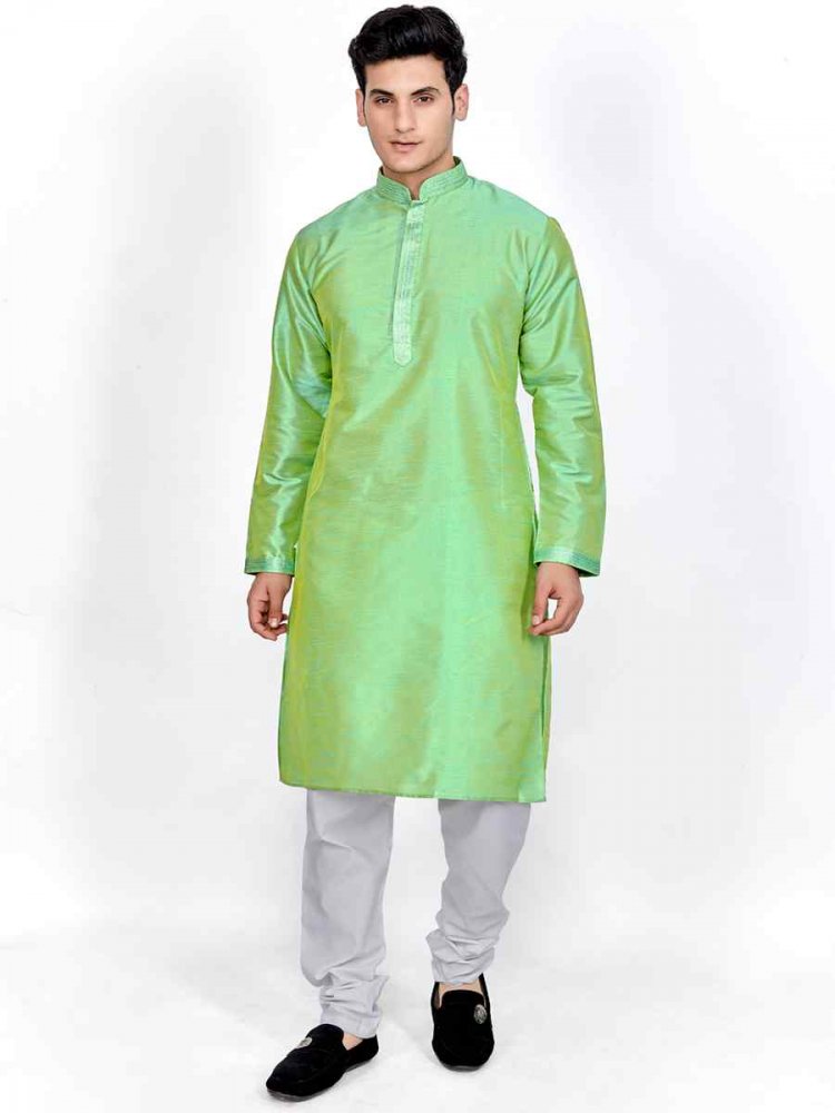 Green Silk Woven Festival Kurta