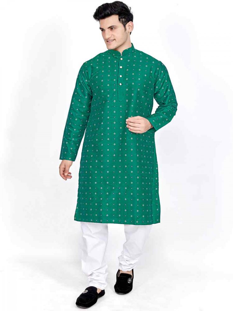 Green Silk Woven Festival Kurta