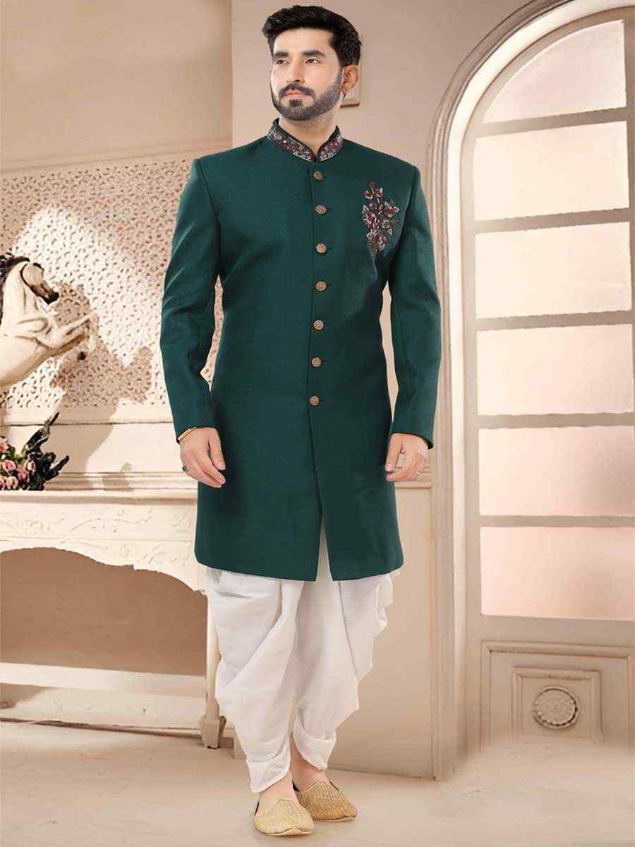 Green Silk Woven Festival Wedding Kurta