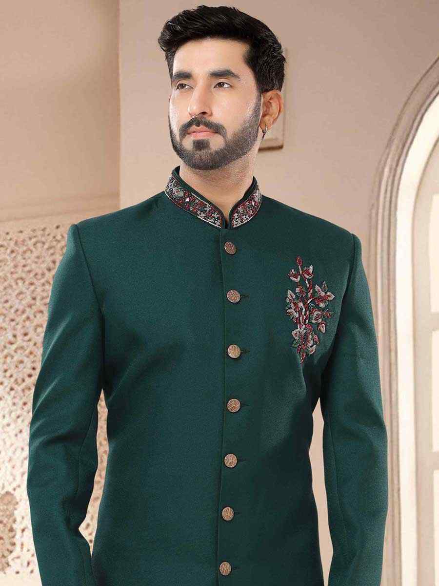 Green Silk Woven Festival Wedding Kurta