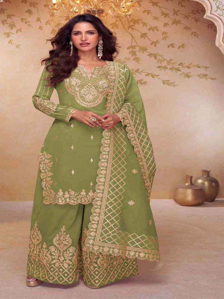 Image of Green Simar Silk Embroidery Party Wedding Festival Casual Ready Palazzo Pant Salwar Kameez