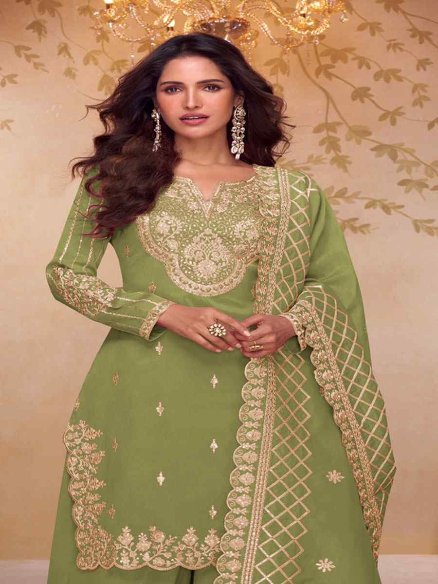 Green Simar Silk Embroidery Party Wedding Festival Casual Ready Palazzo Pant Salwar Kameez