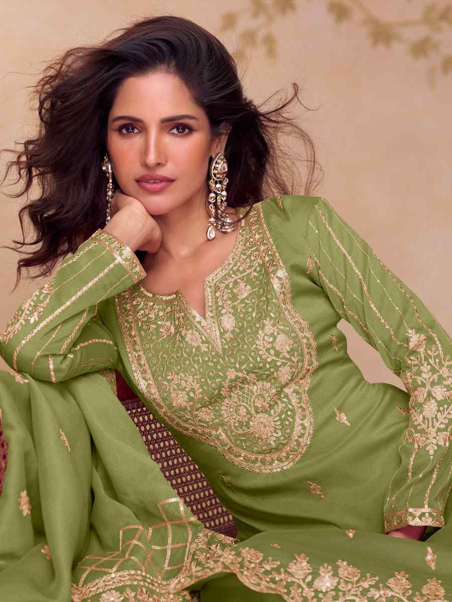 Green Simar Silk Embroidery Party Wedding Festival Casual Ready Palazzo Pant Salwar Kameez