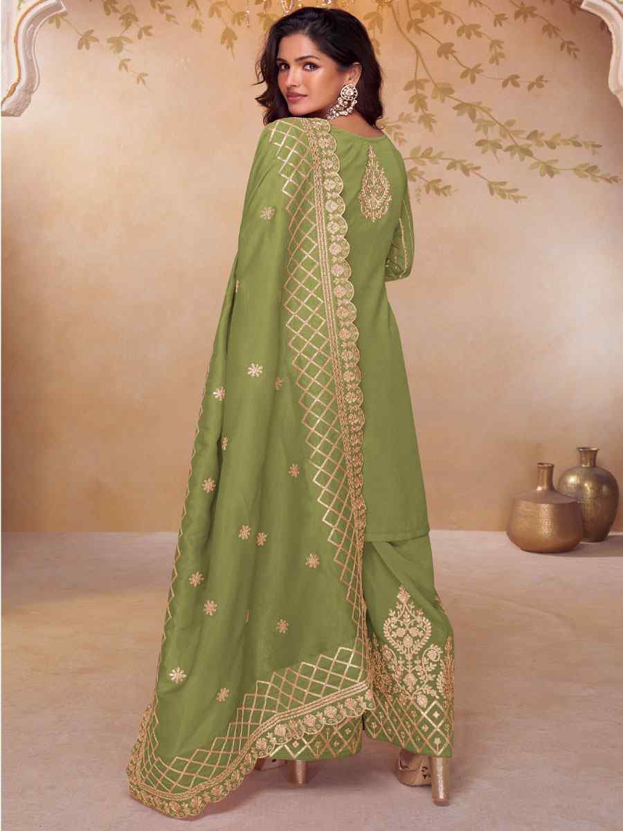 Green Simar Silk Embroidery Party Wedding Festival Casual Ready Palazzo Pant Salwar Kameez