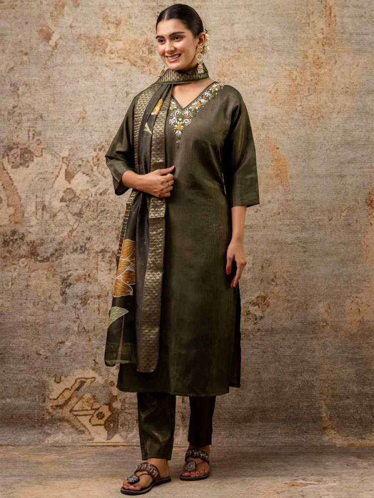 Image of Green Simar Silk Embroidery Party Wedding Festival Casual Ready Pant Salwar Kameez