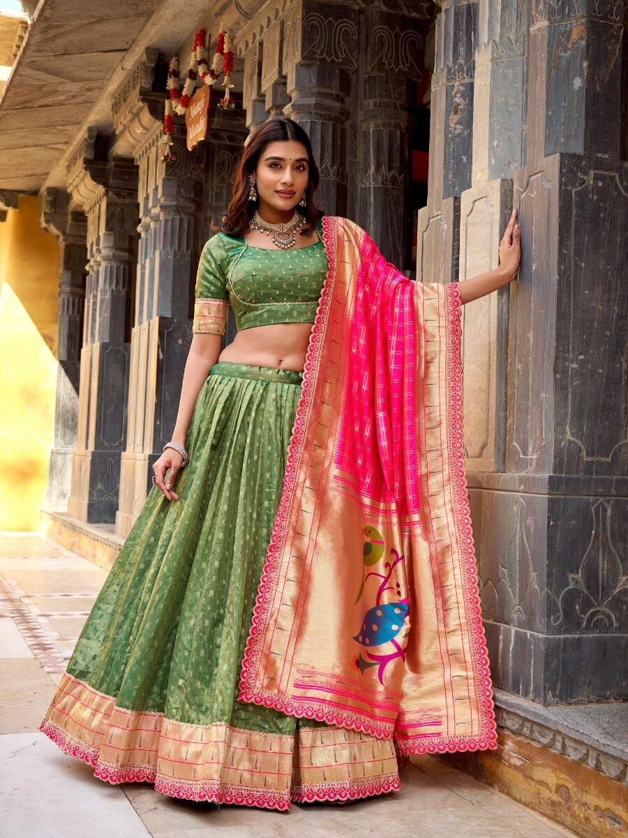 Green Simmer Organza Zari Sequins Wedding Party Festival Circular Lehenga Choli