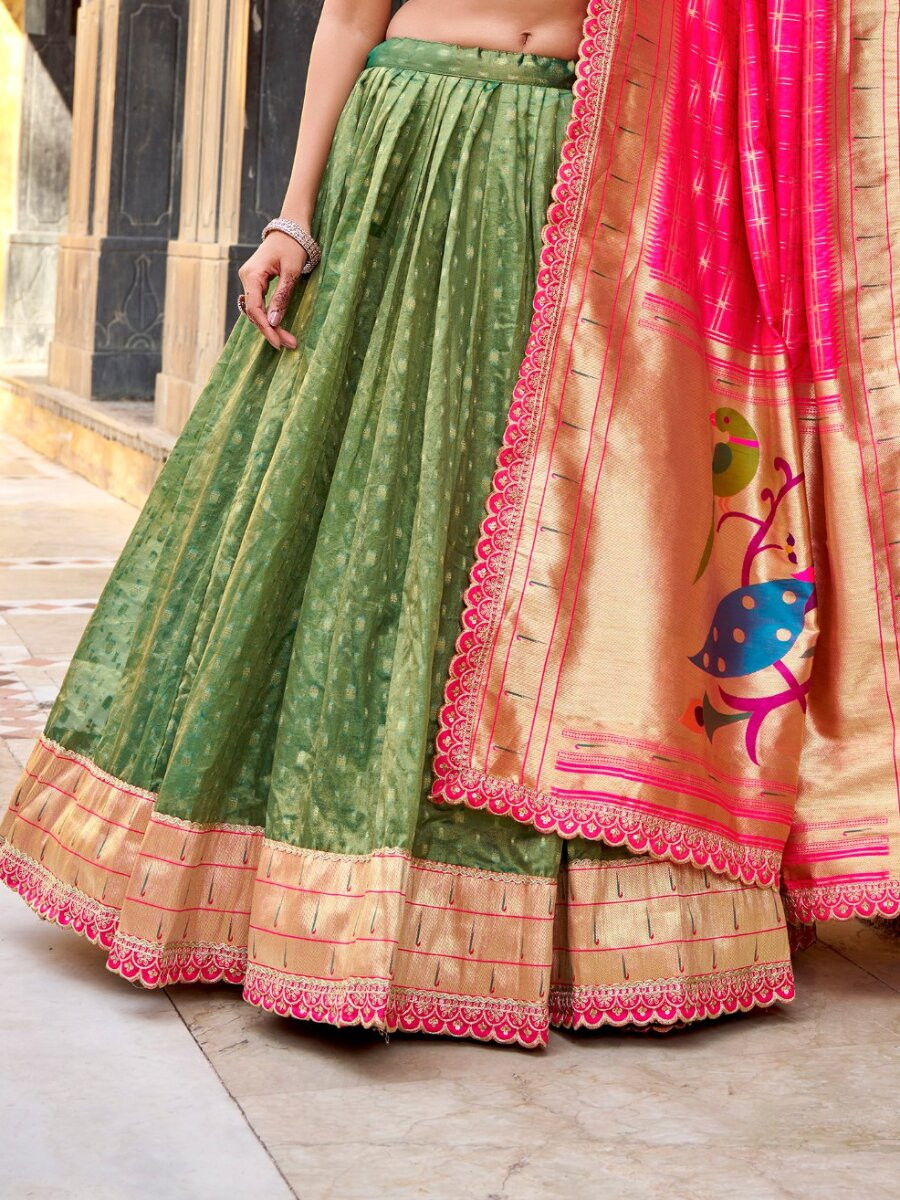 Green Simmer Organza Zari Sequins Wedding Party Festival Circular Lehenga Choli