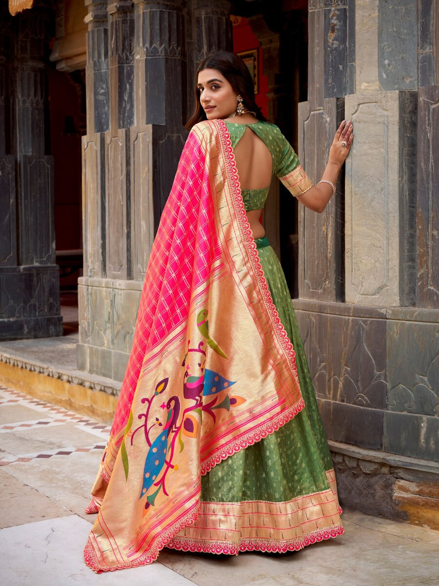 Green Simmer Organza Zari Sequins Wedding Party Festival Circular Lehenga Choli