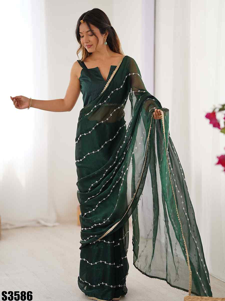 Green Sitara Chiffon Embroidered Festival Wedding Fancy Heavy Border Saree