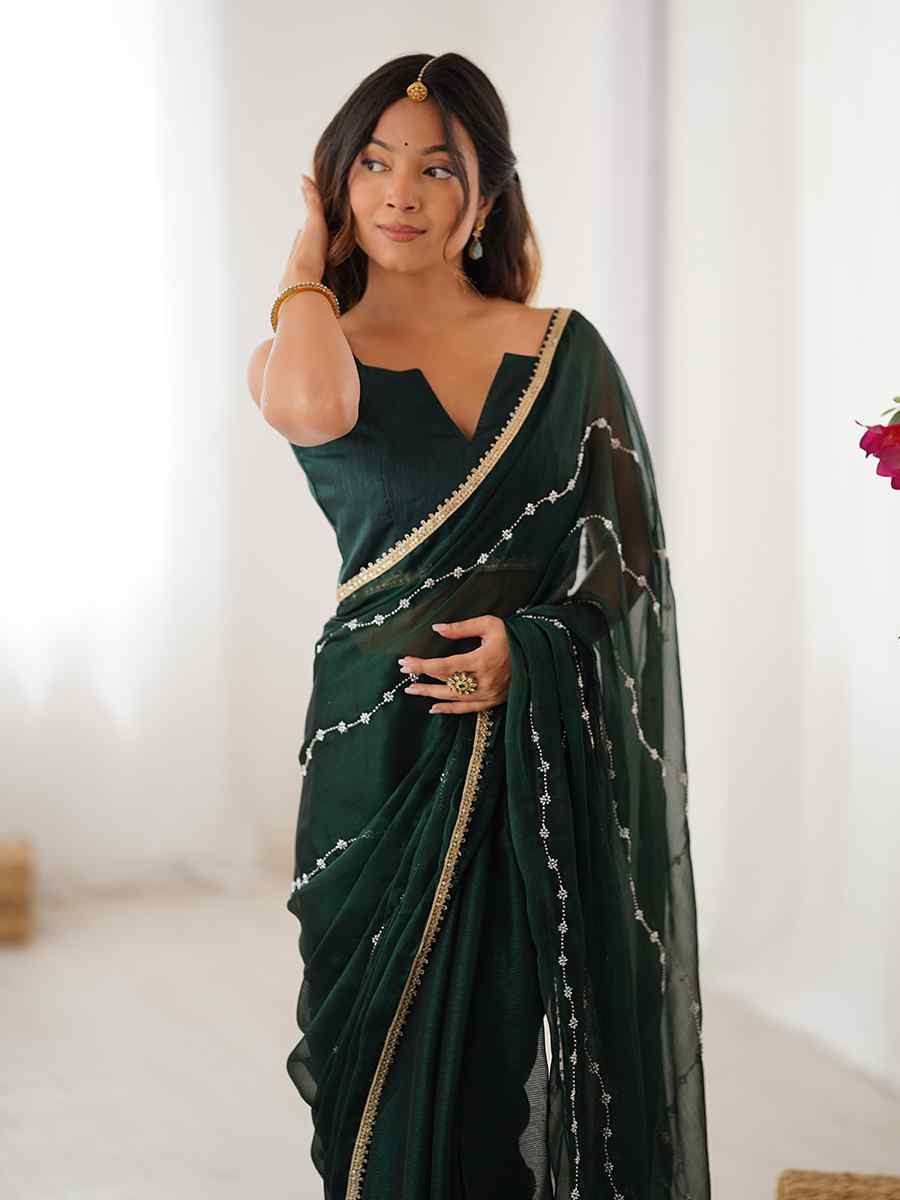 Green Sitara Chiffon Embroidered Festival Wedding Fancy Heavy Border Saree