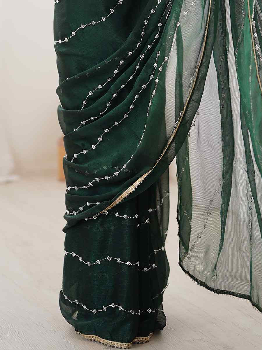 Green Sitara Chiffon Embroidered Festival Wedding Fancy Heavy Border Saree