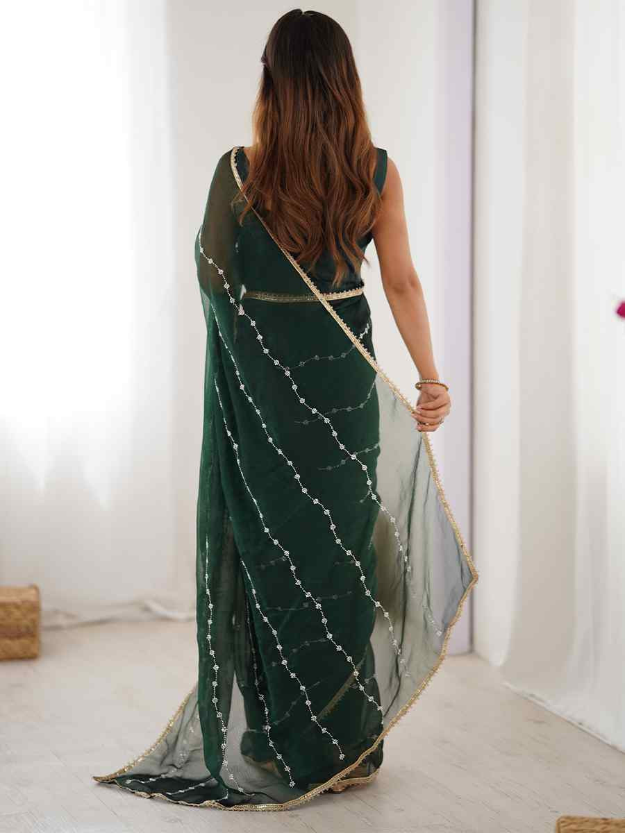 Green Sitara Chiffon Embroidered Festival Wedding Fancy Heavy Border Saree