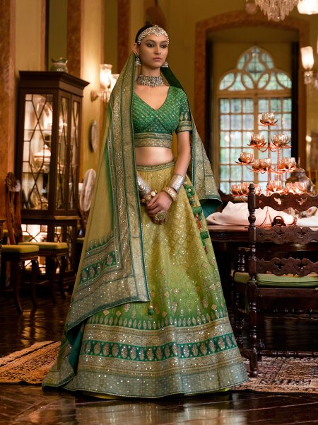 Green Smooth Rajvadi Silk Embroidered Bridal Wedding Heavy Border Lehenga Choli