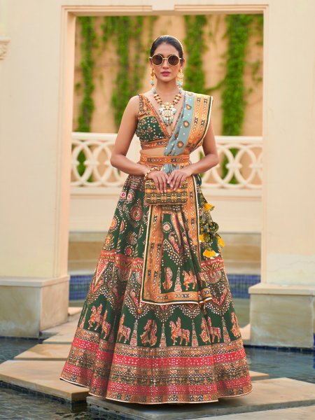 Green Smooth Rajvadi Silk Embroidered Bridal Wedding Heavy Border Lehenga Choli