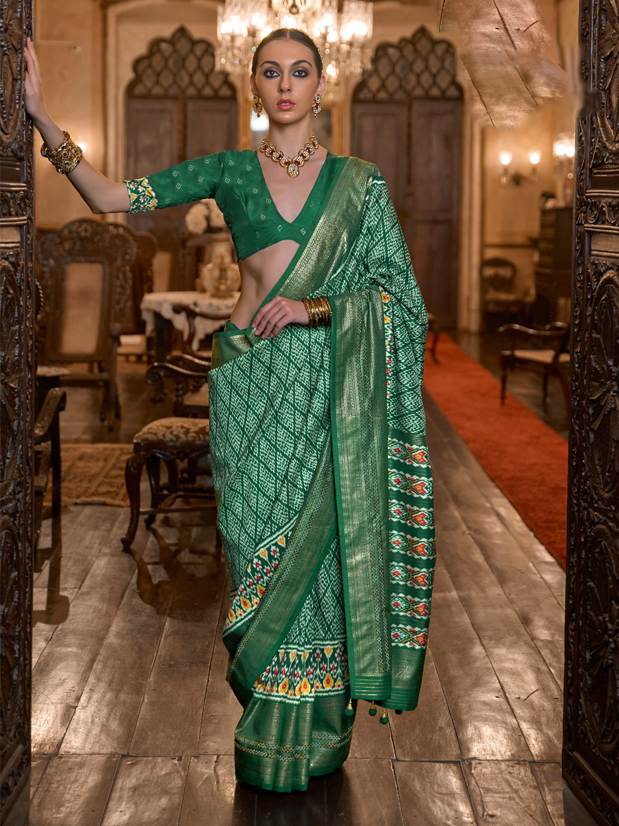 Green Smuth Patola Silk Handwoven Wedding Festival Heavy Border Saree