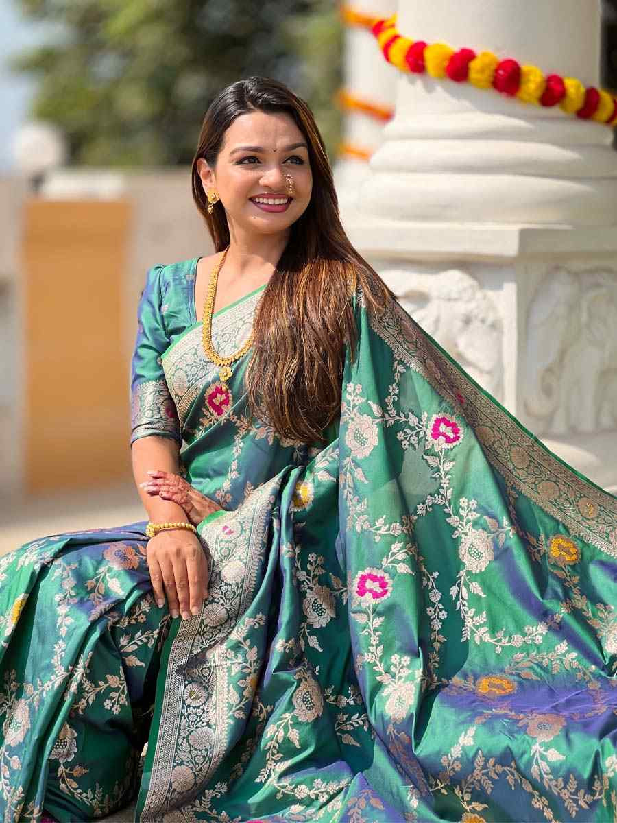 Green Soft Banarashi Silk Handwoven Festival Wedding Fancy Heavy Border Saree