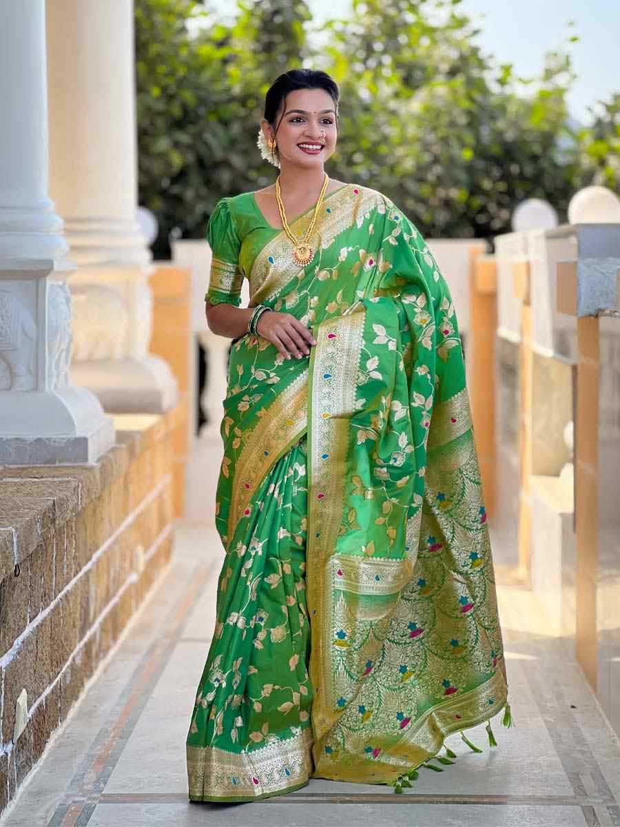 Green Soft Banarashi Silk Handwoven Festival Wedding Fancy Heavy Border Saree