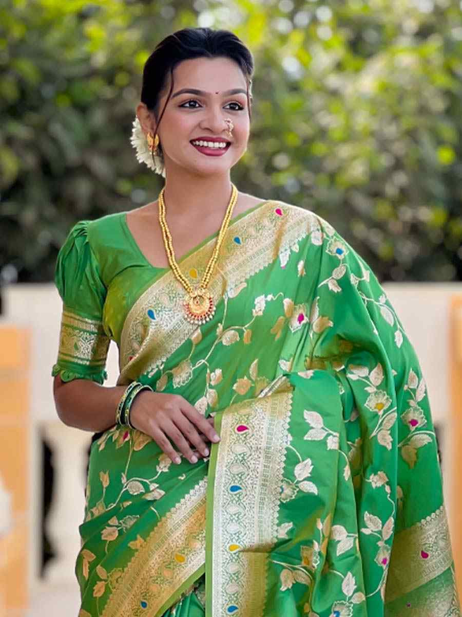 Green Soft Banarashi Silk Handwoven Festival Wedding Fancy Heavy Border Saree