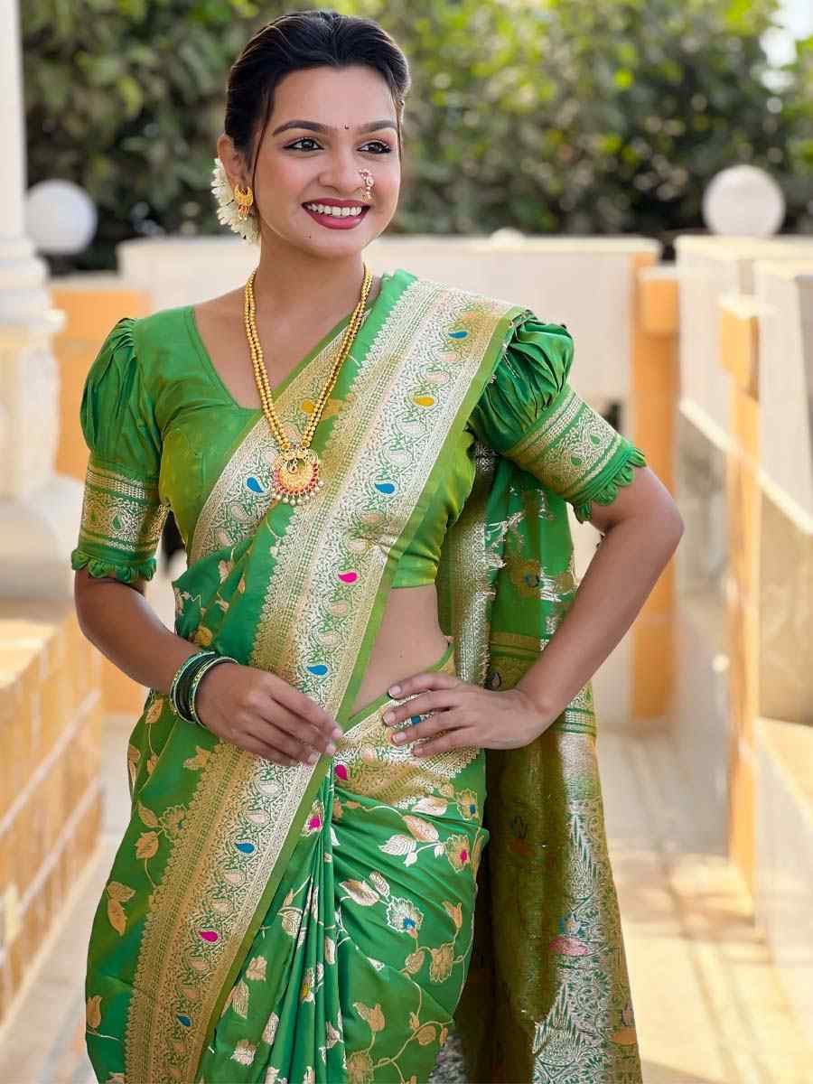 Green Soft Banarashi Silk Handwoven Festival Wedding Fancy Heavy Border Saree