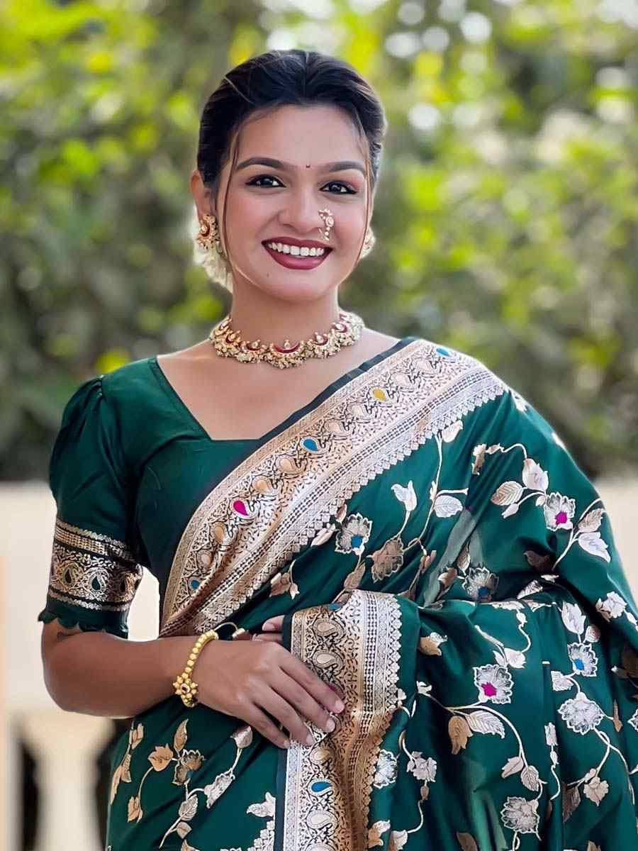 Green Soft Banarashi Silk Handwoven Festival Wedding Fancy Heavy Border Saree