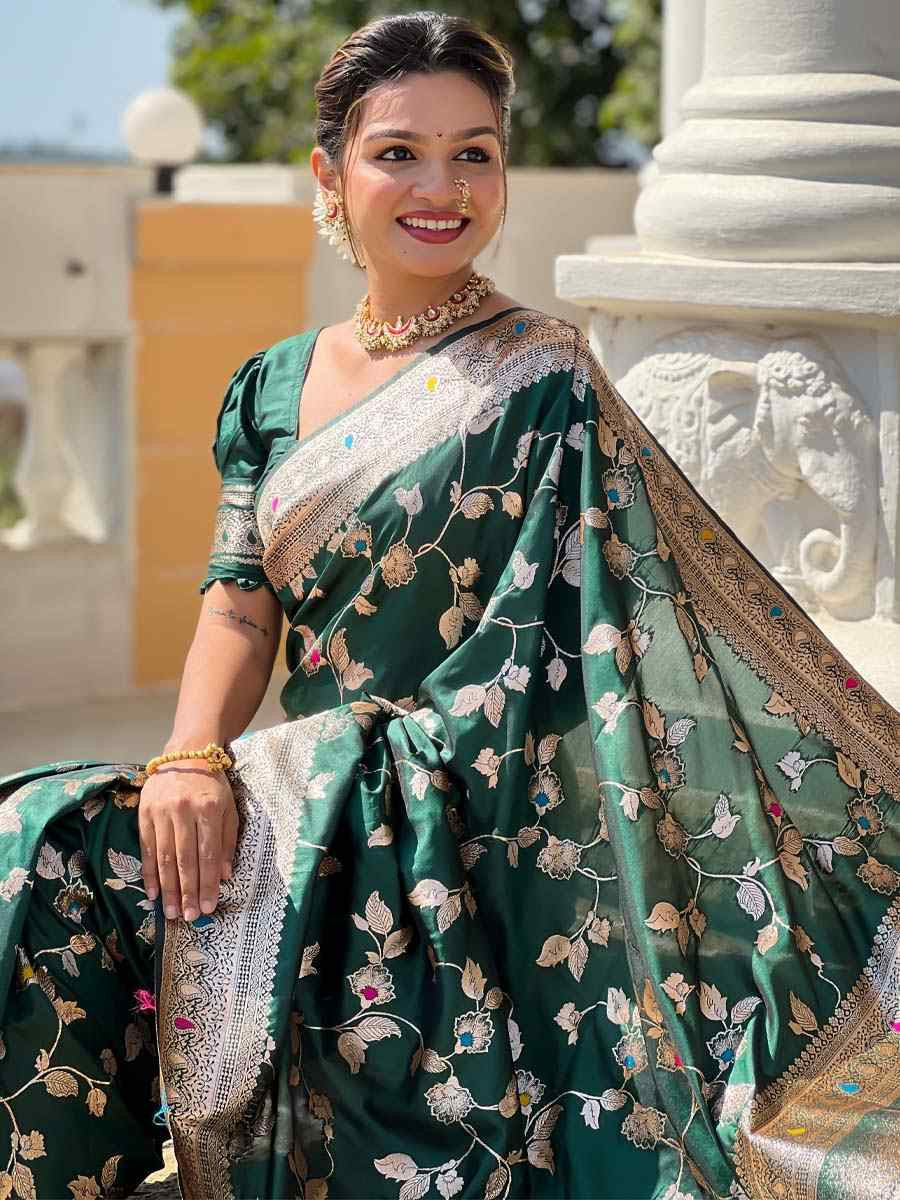Green Soft Banarashi Silk Handwoven Festival Wedding Fancy Heavy Border Saree