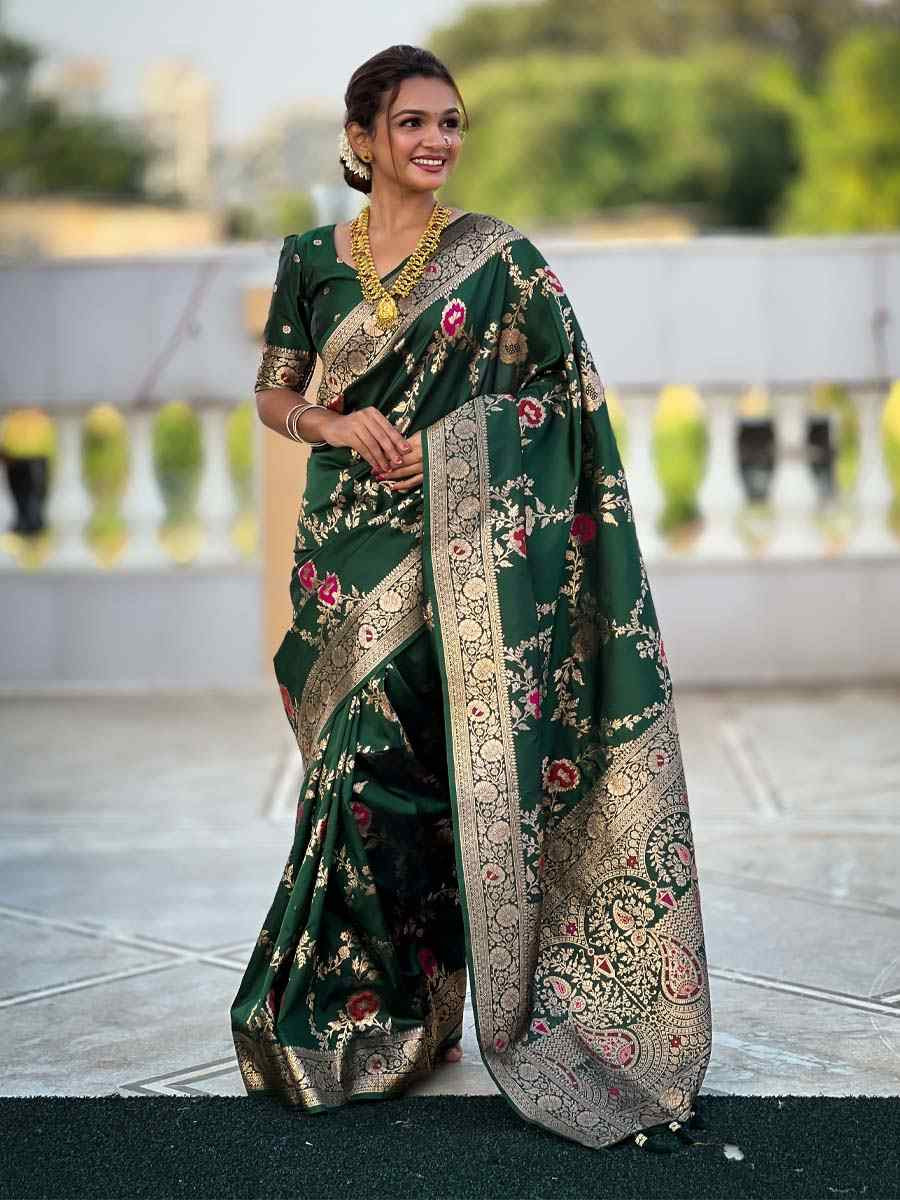 Green Soft Banarashi Silk Handwoven Festival Wedding Fancy Heavy Border Saree