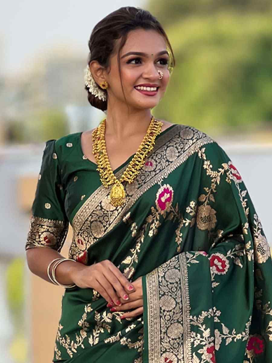 Green Soft Banarashi Silk Handwoven Festival Wedding Fancy Heavy Border Saree