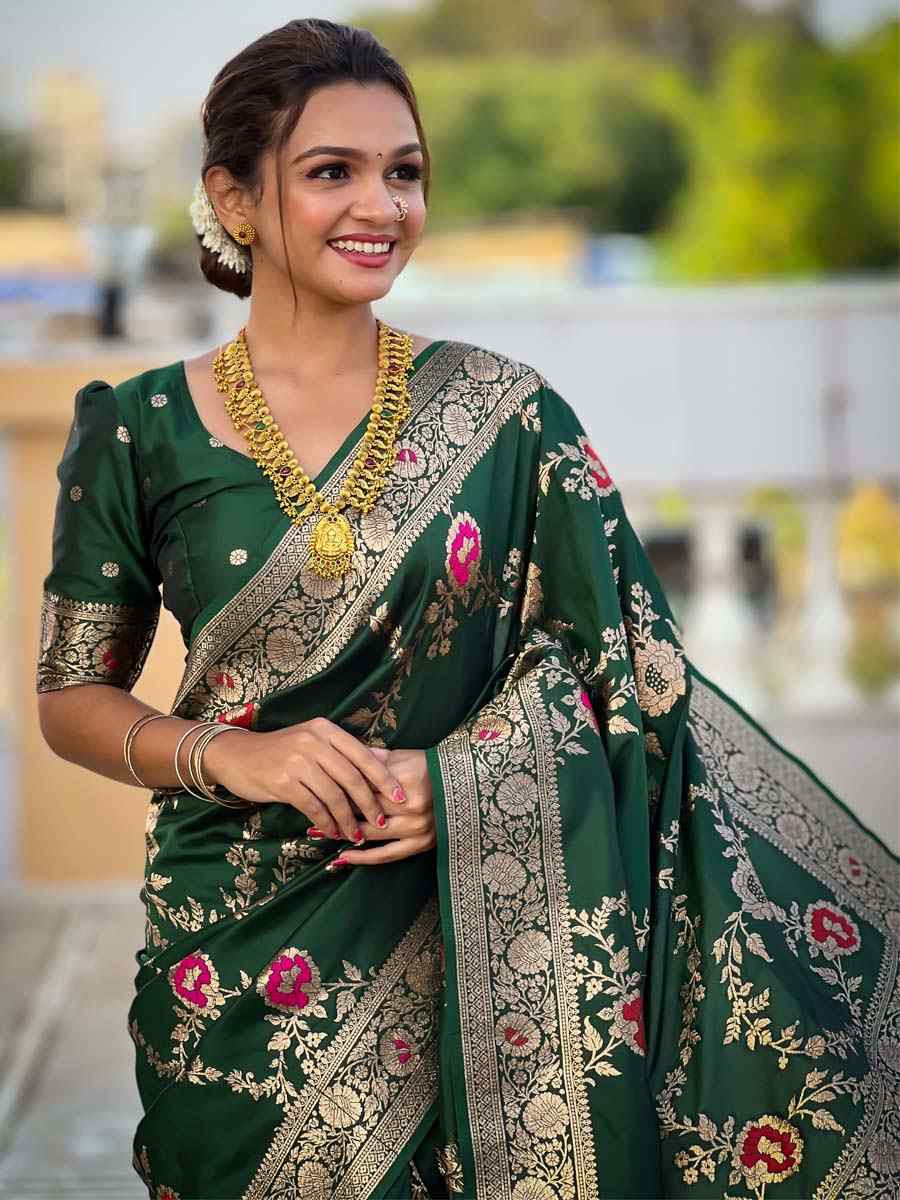 Green Soft Banarashi Silk Handwoven Festival Wedding Fancy Heavy Border Saree