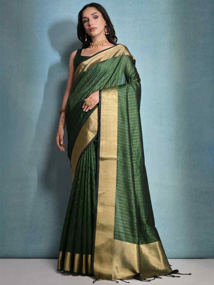 Green Soft Banarasi Raw Silk Handwoven Casual Festival Heavy Border Saree