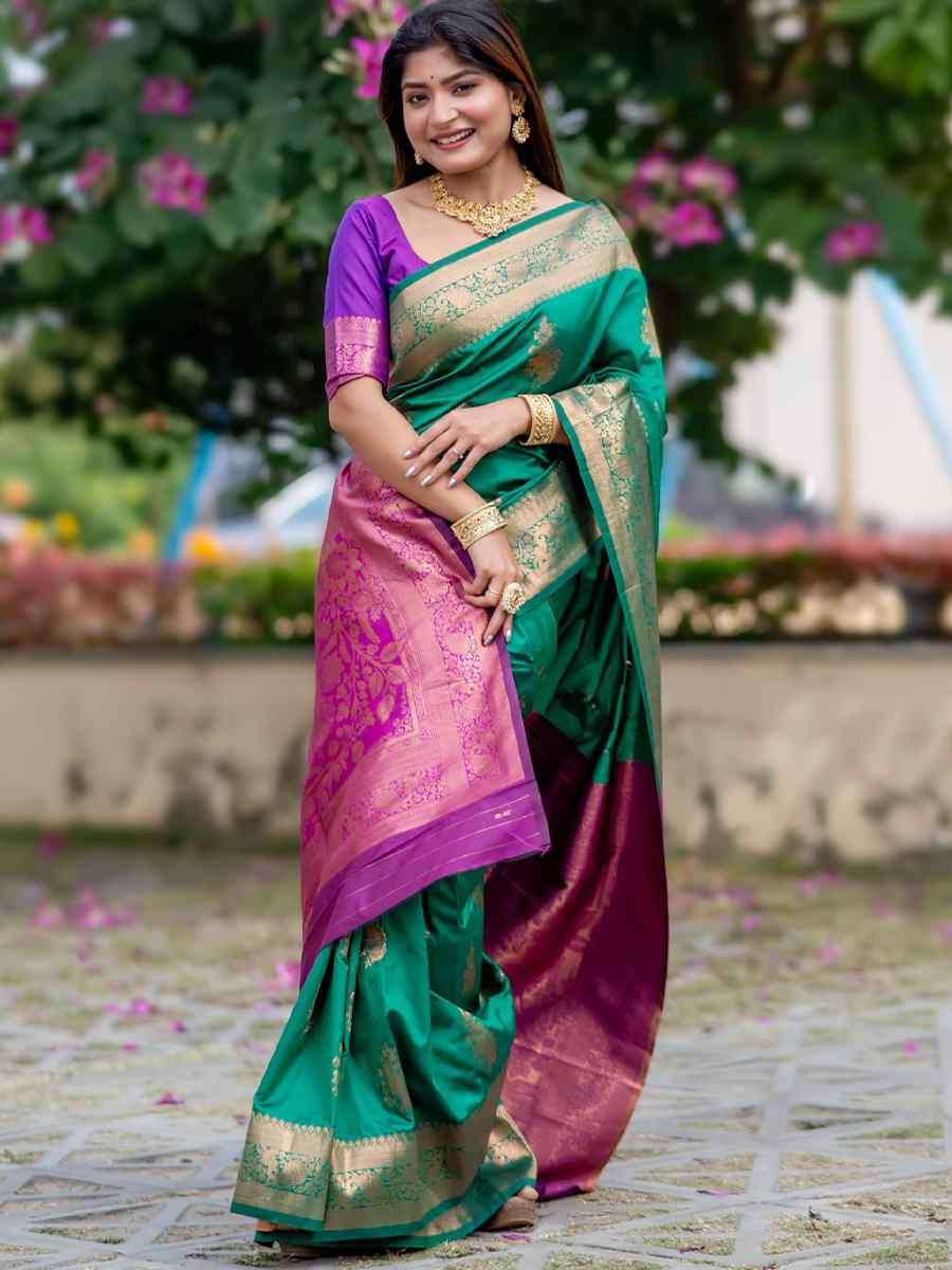 Green Soft Banarasi Silk Handwoven Festival Festival Heavy Border Saree