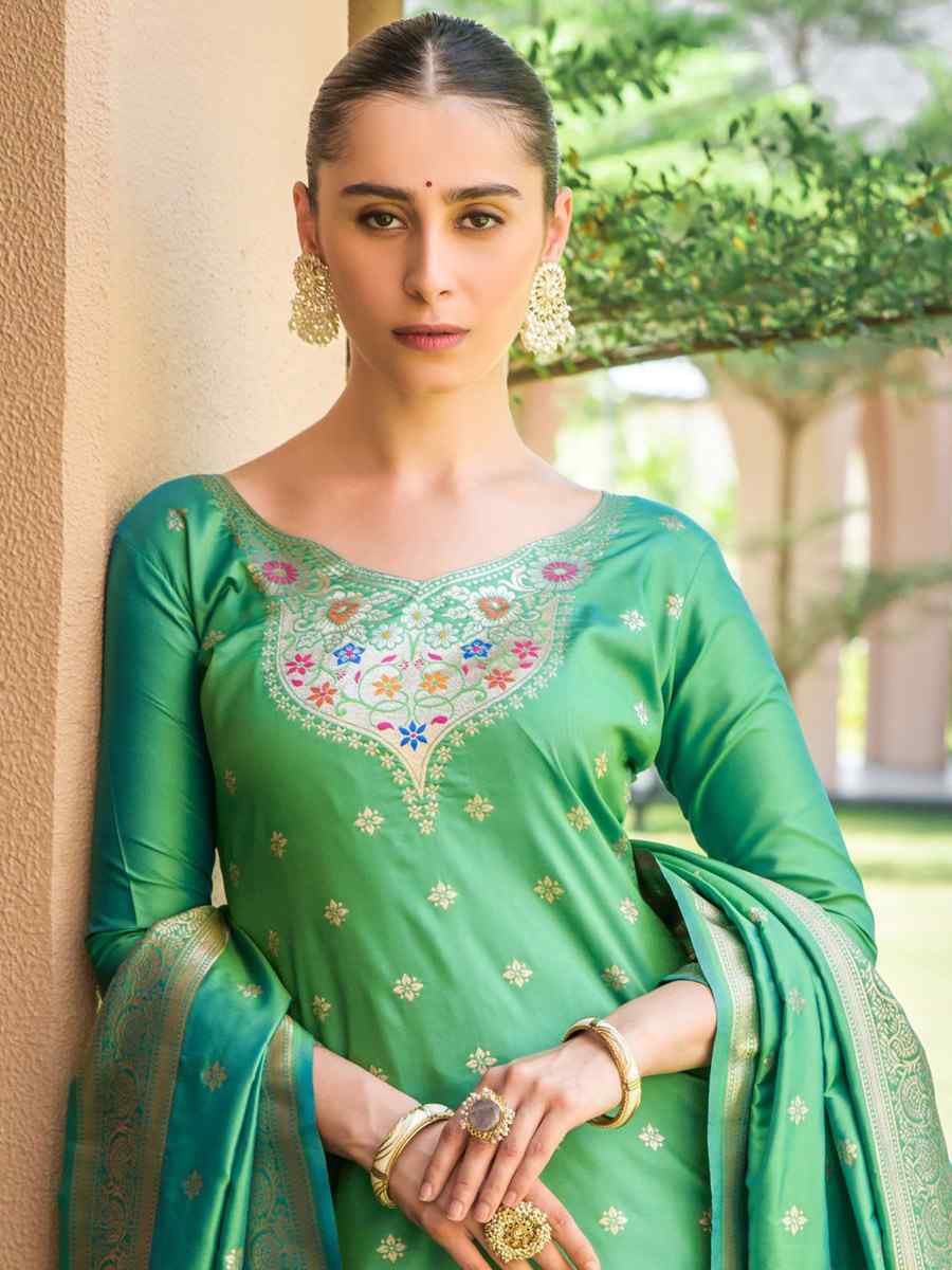 Green Soft Banarsi Silk Embroidered Casual Festival Pant Salwar Kameez