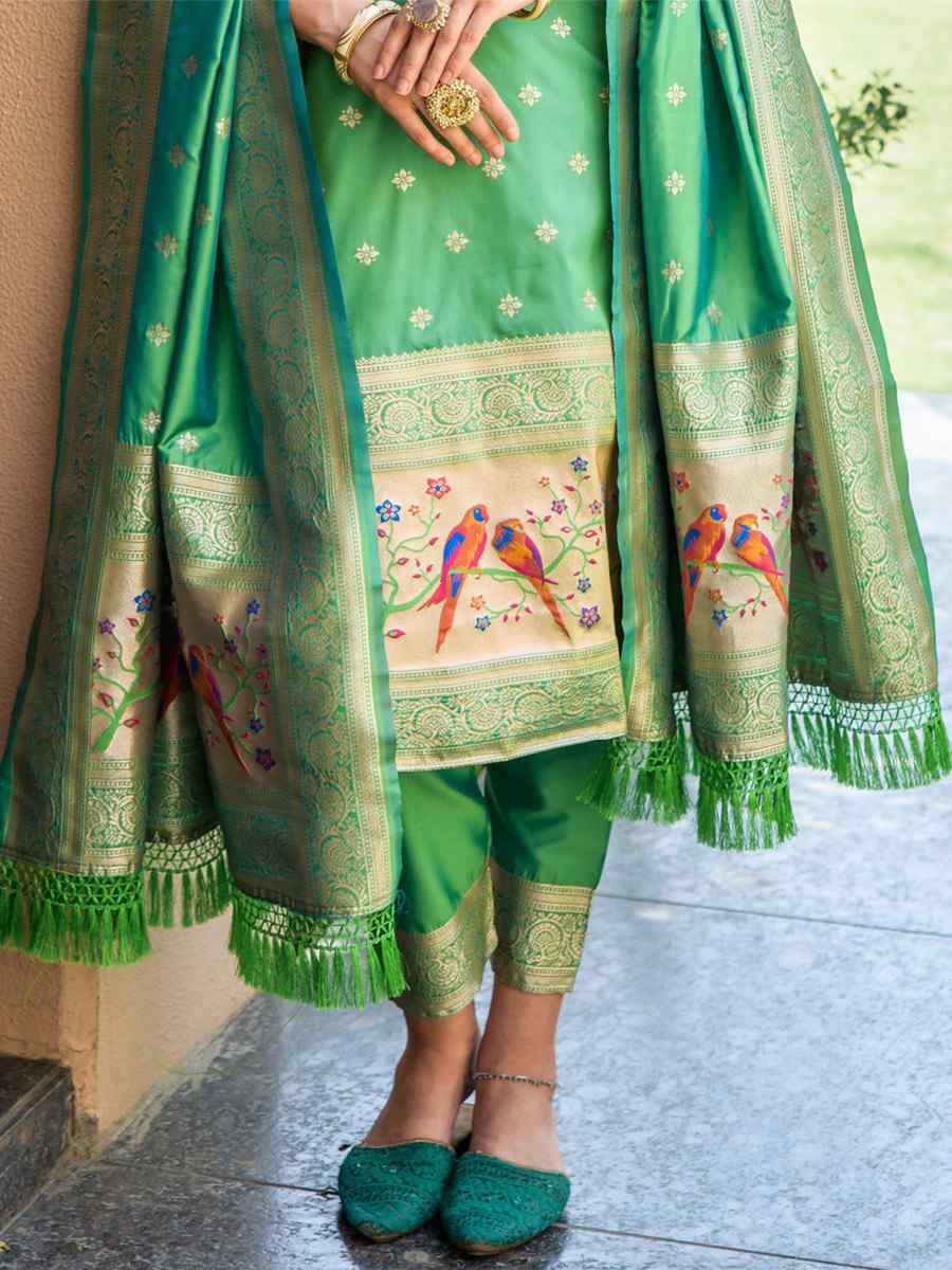 Green Soft Banarsi Silk Embroidered Casual Festival Pant Salwar Kameez
