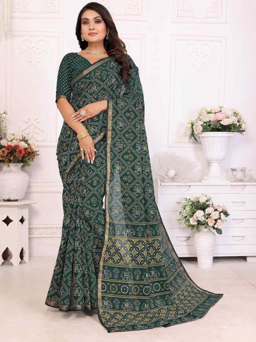 Green Soft Cotton Bandhej Print Zari Weaving Work Festival Wedding Fancy Heavy Border Saree