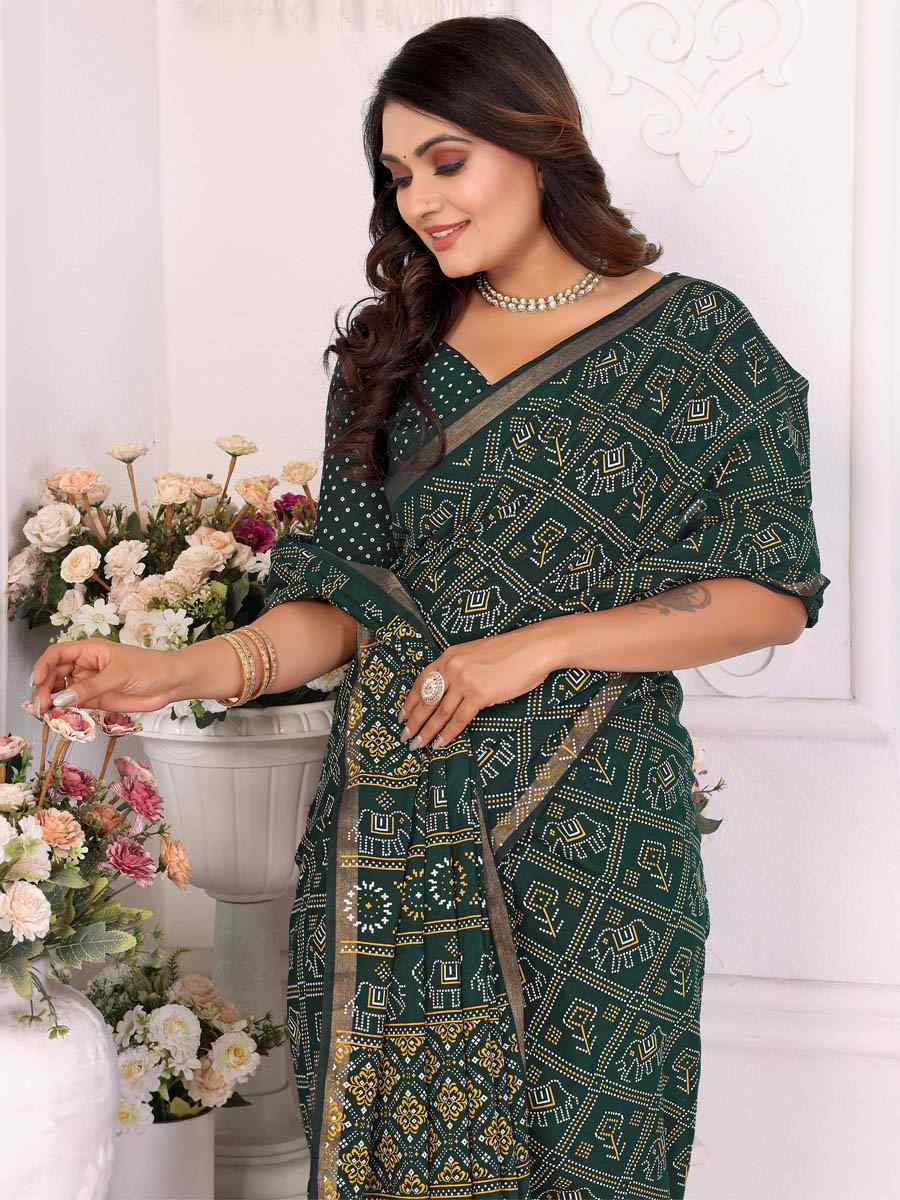 Green Soft Cotton Bandhej Print Zari Weaving Work Festival Wedding Fancy Heavy Border Saree