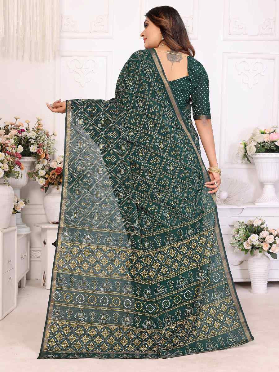 Green Soft Cotton Bandhej Print Zari Weaving Work Festival Wedding Fancy Heavy Border Saree