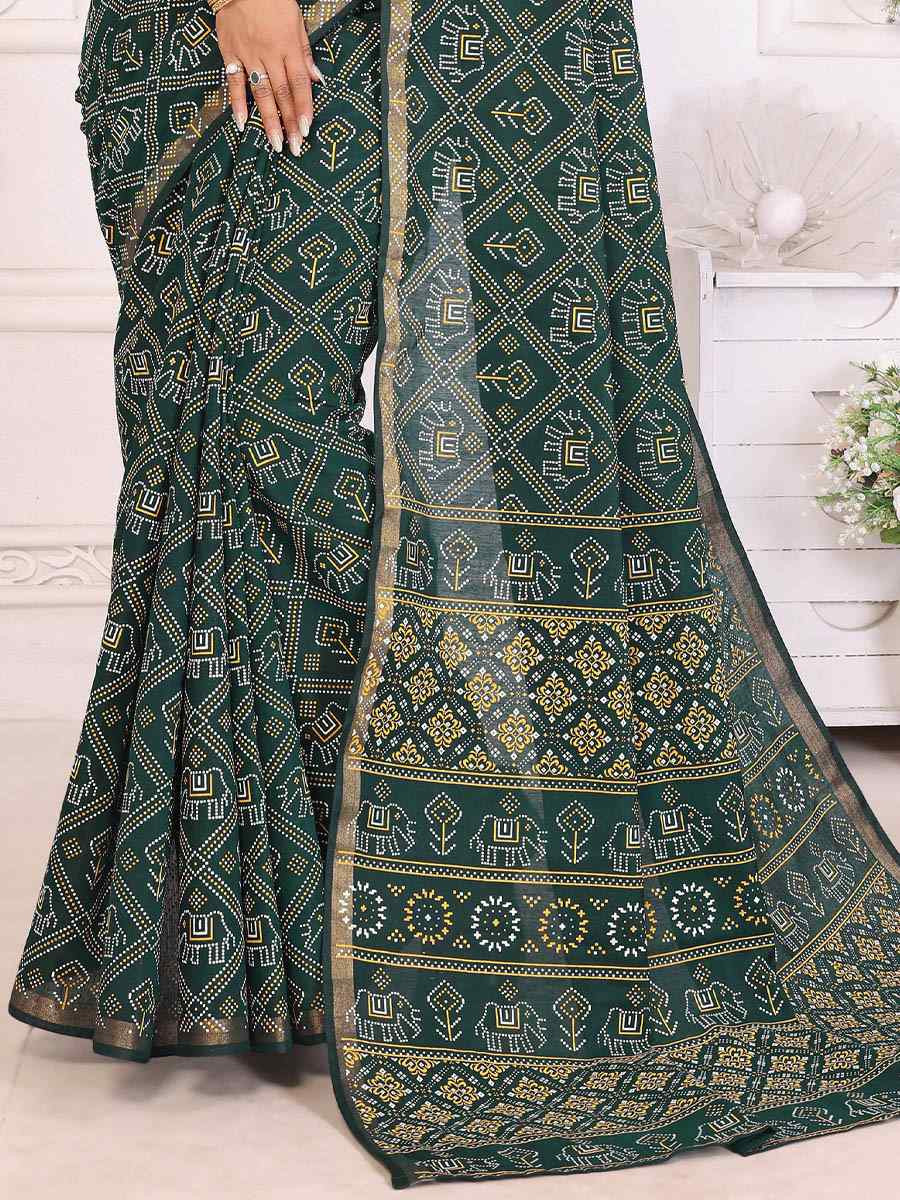 Green Soft Cotton Bandhej Print Zari Weaving Work Festival Wedding Fancy Heavy Border Saree
