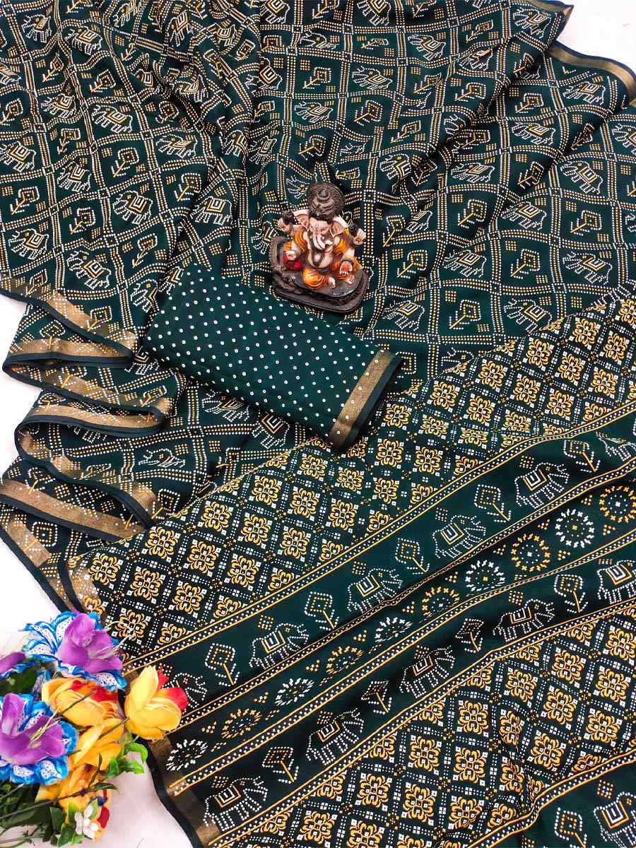 Green Soft Cotton Bandhej Print Zari Weaving Work Festival Wedding Fancy Heavy Border Saree
