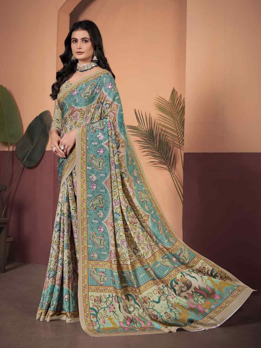 Green Soft Crepe Silk Printed Festival Wedding Heavy Border Saree