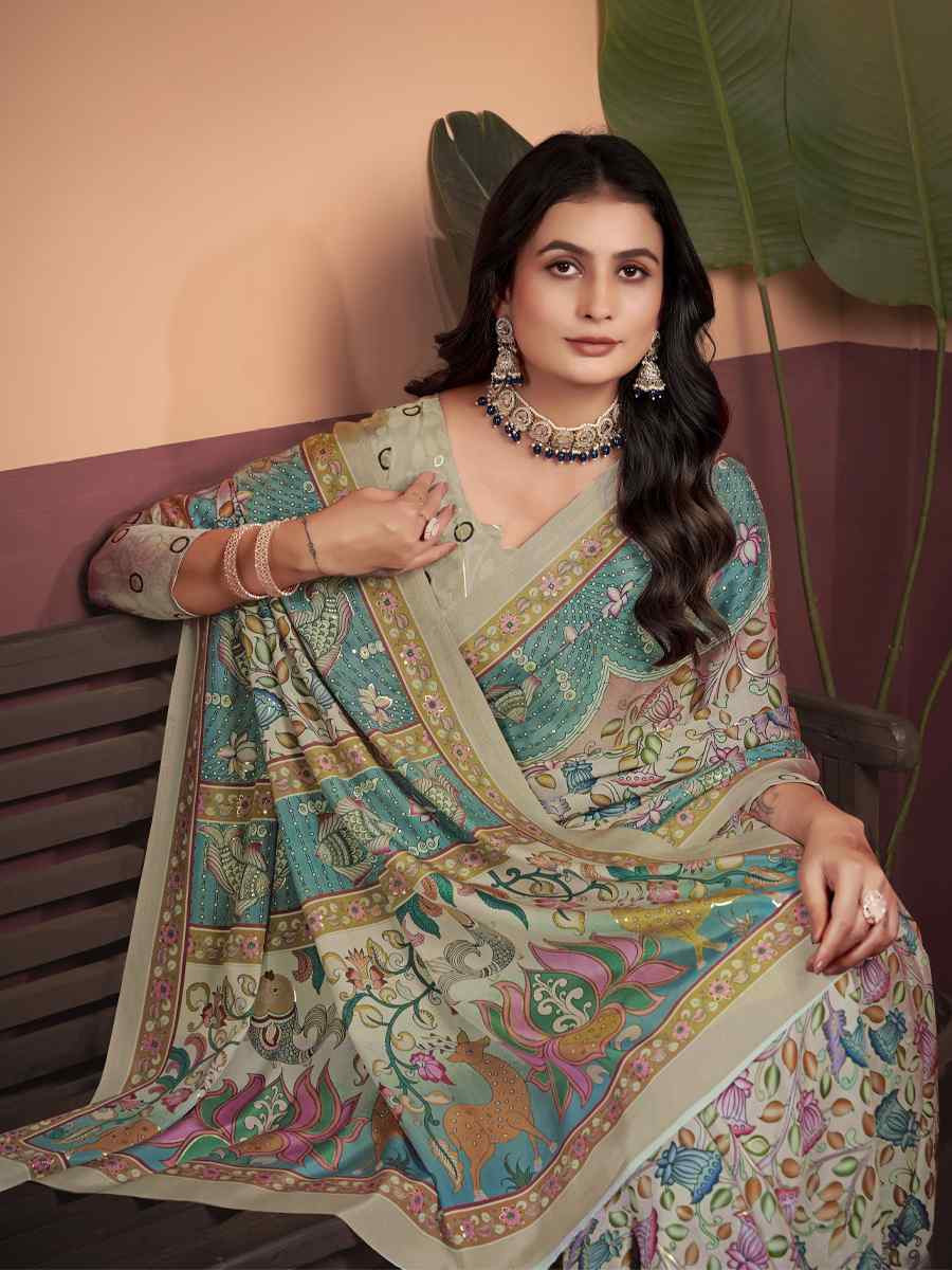 Green Soft Crepe Silk Printed Festival Wedding Heavy Border Saree