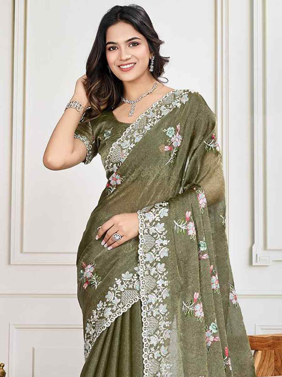 Green Soft Crunchy silk Embroidered Bridesmaid Reception Heavy Border Saree