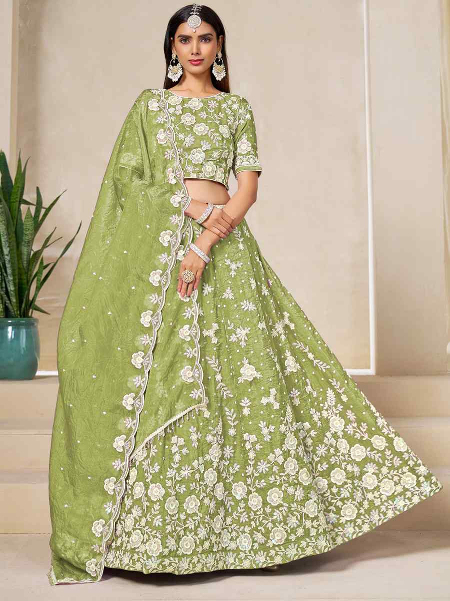 Green Soft Crush Fill Organza Embroidered Wedding Reception Festival Heavy Border Lehenga Choli