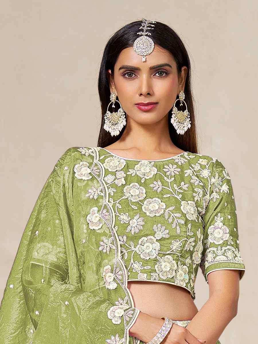 Green Soft Crush Fill Organza Embroidered Wedding Reception Festival Heavy Border Lehenga Choli