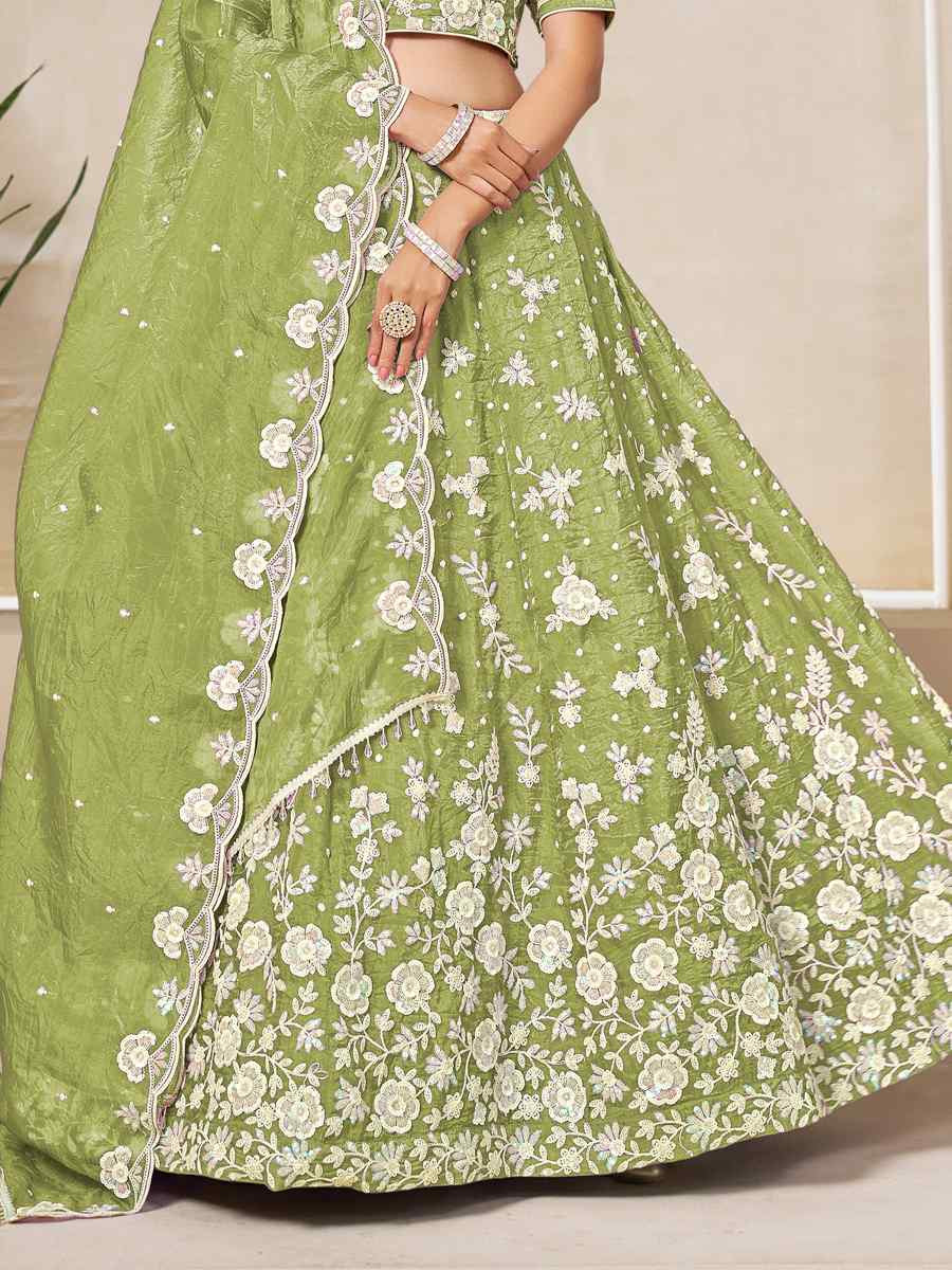Green Soft Crush Fill Organza Embroidered Wedding Reception Festival Heavy Border Lehenga Choli