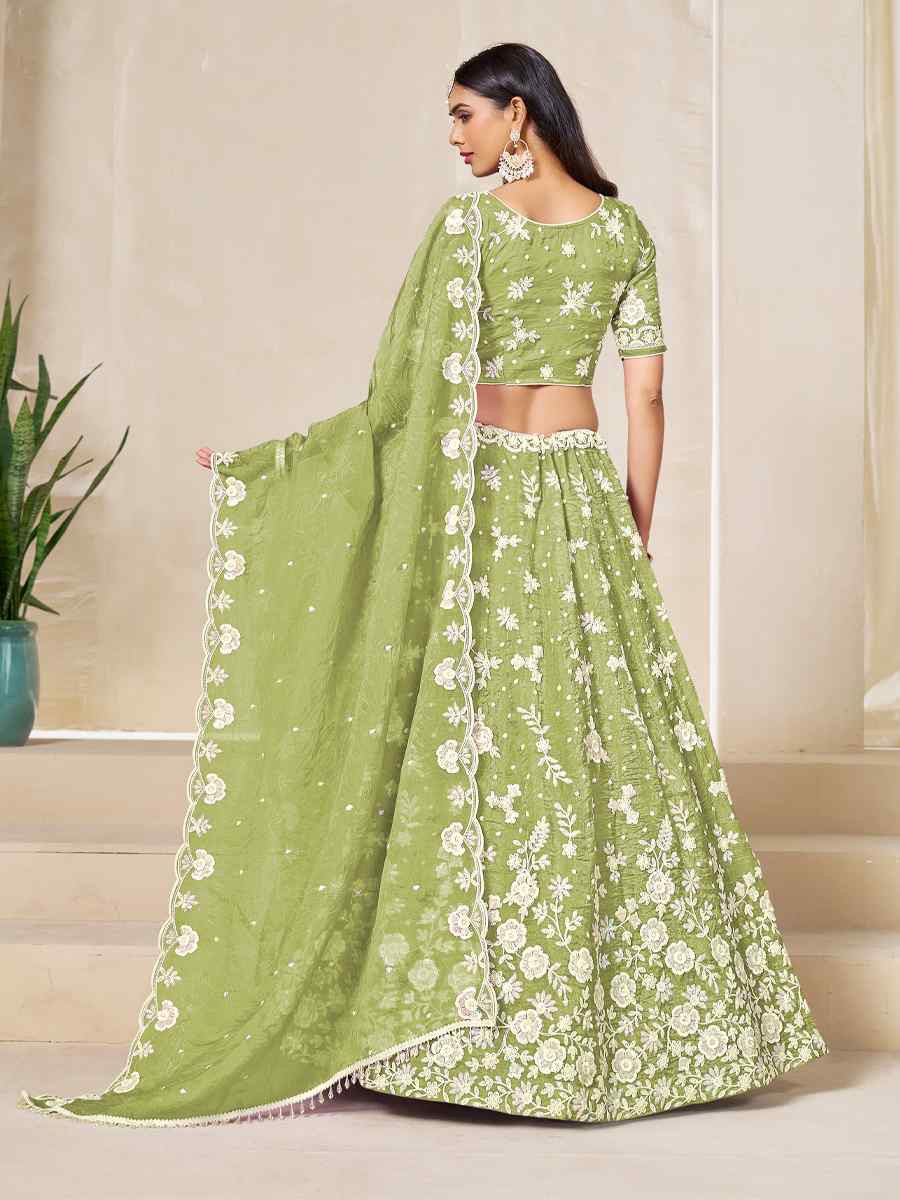 Green Soft Crush Fill Organza Embroidered Wedding Reception Festival Heavy Border Lehenga Choli