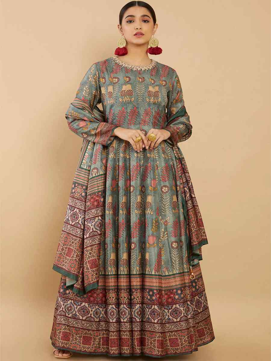 Green Soft Dola Silk Printed Festival Casual Ready Anarkali Salwar Kameez