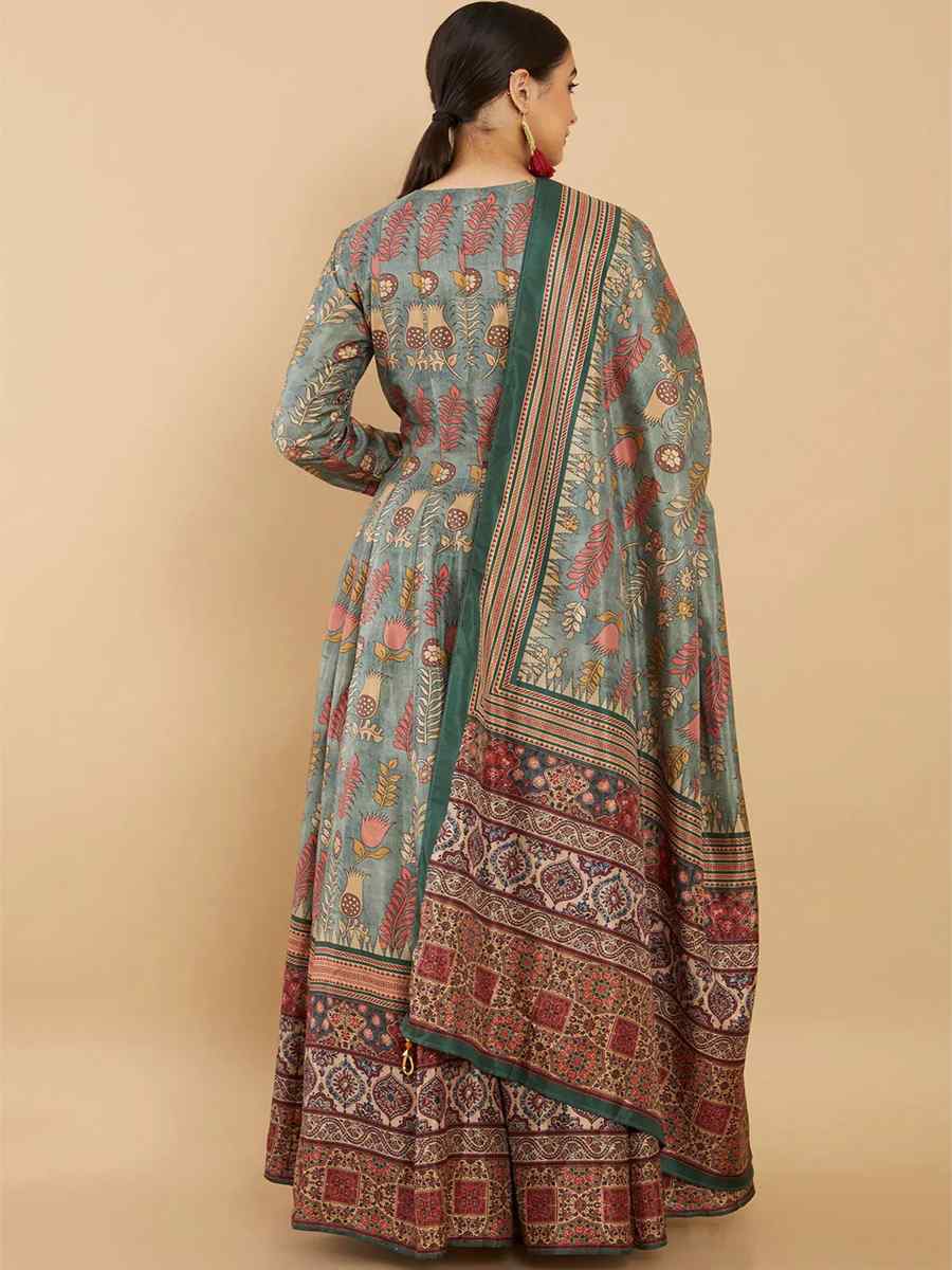 Green Soft Dola Silk Printed Festival Casual Ready Anarkali Salwar Kameez