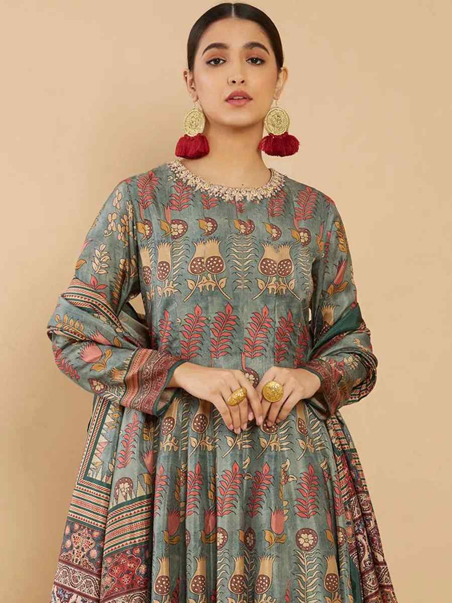 Green Soft Dola Silk Printed Festival Casual Ready Anarkali Salwar Kameez